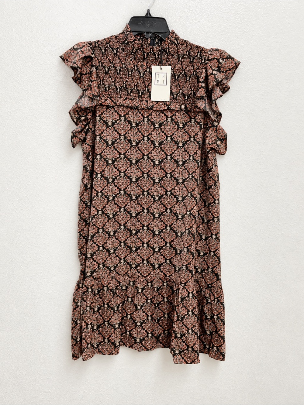 THML Black Floral Midi Dress with Pink Accents